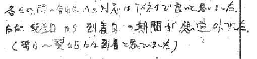 各々の問い合わせへの対応は丁寧で良いと思いました。ただ発送日から到着日の期間が想定外でした。（翌日～翌々日には到着と思っていました）