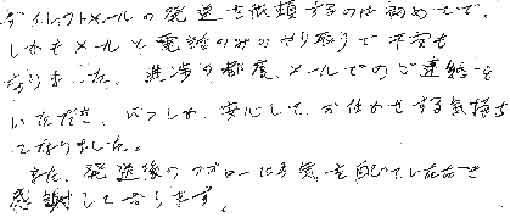 ダイレクトメールの発送を依頼するのは初めてで、しかもメールと電話のみのやりとりで不安もありました。進渉の都度メールでのご連絡をいただき、いつしか安心してお任せする気持ちになりました。また発送後のフォローにも気を配っていただき感謝しております。