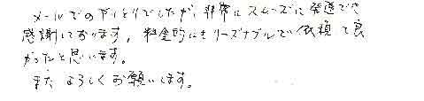 メールでのやりとりでしたが、非常にスムーズに発送でき感謝しております。料金的にもリーズナブルで依頼して良かったと思います。また、よろしくお願いします。