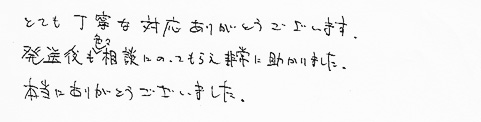 とても丁寧な対応ありがとうございます。発送後も色々相談にのってもらえ非常に助かりました。本当にありがとうございました。