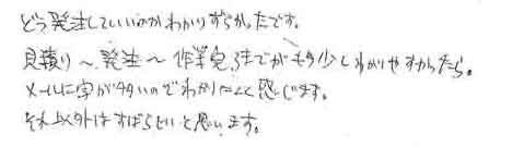 どう発注していいのかわかりずらかったです。見積り～発注～作業完了までがもう少しわかりやすかったら、メールに字が多いのでわかりにくく感じます。それ以外はすばらしいと思います。