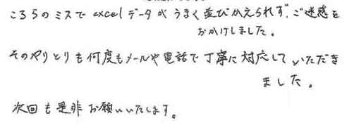 こちらのミスでexcelデータがうまく並びかえられず、ご迷惑をおかけしました。そのやりとりも何度もメールや電話で丁寧に対応していただきました。次回も是非お願いいたします。