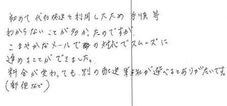 初めて代行発送を利用したため、手順等わからないことが多かったのですがこまやかなメールでの対応でスムーズに進めることができました。料金が変っても、別の配送業社(郵便など)が選べるとありがたいです。