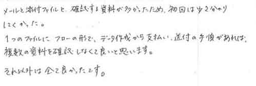 メールと添付ファイルと、確認する資料が多かったため、初回は少々分かりにくかった。1つのファイルにフローの形で、データ作成から支払い、送付の手順があれば、複数の資料を確認しなくて良いと思います。それ以外は全て良かったです。