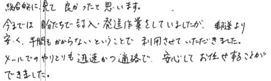 総合的に見て良かったと思います。今までは自分たちで封入・発送作業をしていましたが、郵送より安く、手間もかからないということで利用させていただきました。メールでのやりとりも迅速かつ的確で、安心してお任せすることができました。