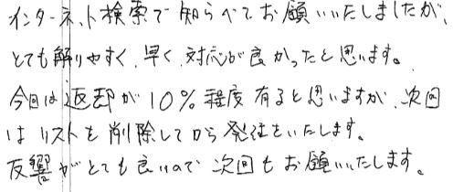 インターネット検索で調べてお願いし致しましたが、とても解りやすく、早く、対応が良かったと思います。今回は返却が10％程度あると思いますが、次回はリストを削除してから発送をいたします。反響がとても良いので次回もお願いいたします。