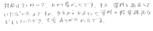 対応はていねいで、わかり易かったです。また、資料を発送していただいたのですが、当方からお送りした資料の数量確認などもしていただき、大変ありがたかったです。