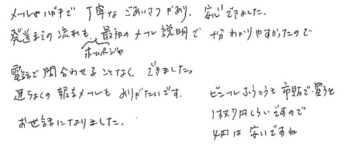 メールやハガキで丁寧なごあいさつがあり、安心できました。発送までの流れも、ホームページや最初のメール説明で十分わかりやすかったので、電話で問合わせることもなくできました。進捗の報告メールもありがだいです。ビニール封筒も市販で買うと1枚7円くらいですので、4円は安いですね。お世話になりました。