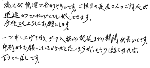 流れが簡潔で分かりやすいです。ご担当の長屋さんのご対応が迅速かつていねいでとても安心できます。今後ともよろしくお願いします。一つ申し上げるなら、データ入稿から発送までの期間が長いことです。印刷からお願いしているからだと思いますが、もう少し短くなれば、言うことなしです。