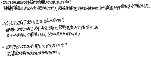 ・どうしてDM発送代行会社を利用しようと思ったのですか？調剤薬局のM&Aを検討しており、潜在顧客を引き出すためにDM発送代行会社を利用しました。・どうしてメディアボックスさんを選んだのか？価格・対応の早さです。今回、3社に見積りを出したが1番安かった。メールの対応が素晴らしい。(他の会社はおそかった）・メディアボックスを利用してどうだったか？石鹸が嬉しかったです。また利用したい。