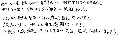 他社を一度活用しましたが、質問等はメールのみで電話での受付はなく、やりずらい面が多数あり今回御社に依頼をしました。わからない部分は電話で詳しく教えて頂き、対応も良く大変スムーズに対応して頂き感謝しています。金額も大変満足していますので、次回も宜しくお願い致します。