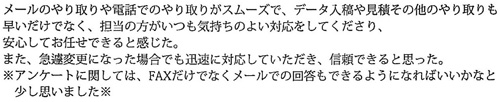 メールのやり取りや電話でのやり取りがスムーズで、データ入稿や見積その他のやり取りも早いだけでなく、担当の方がいつも気持ちのよい対応をしてくださり、安心してお任せできると感じた。また、急遽変更になった場合でも迅速に対応していただき、信頼できると思った。※アンケートに関しては、FAXだけでなくメールでの回答もできるようになればいいかなと少し思いました。