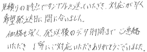 見積りの時点でサンプルを送っていただき、対応が早く希望発送日に間に合いました。価格も安く、発送後のデータ削除までご連絡いただき丁寧にご対応いただきありがとうございました。