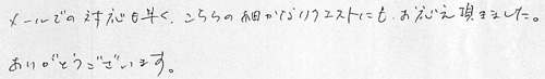 メールでの対応も早く、こちらの細かなリクエストにもお応え頂きました。ありがとうございます。