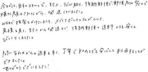 今までは、自社スタッフで、封入・ラベル貼り・後納郵便で、郵便局の窓口で嫌な顔をされながら、発送していました。WEBで検索をかけたところ、メディアボックスさんがヒット。見積を見て、封入から発送まで、後納郵便の送料よりも安くてびっくりしました。問い合わせからの返事も早く、丁寧で初めてでも安心して利用することができました。ありがとうございました！