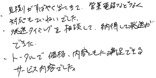 ・見積りがすばやく出てきて、営業電話などなく対応もていねいでした。・発送タイミングを相談して、納得して発送ができた。・トータルで価格、内容ともに満足できるサービス内容でした。