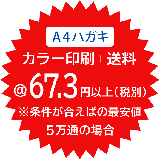 A4ハガキ 1通67.3円以上（カラー印刷＋送料）5万通の場合