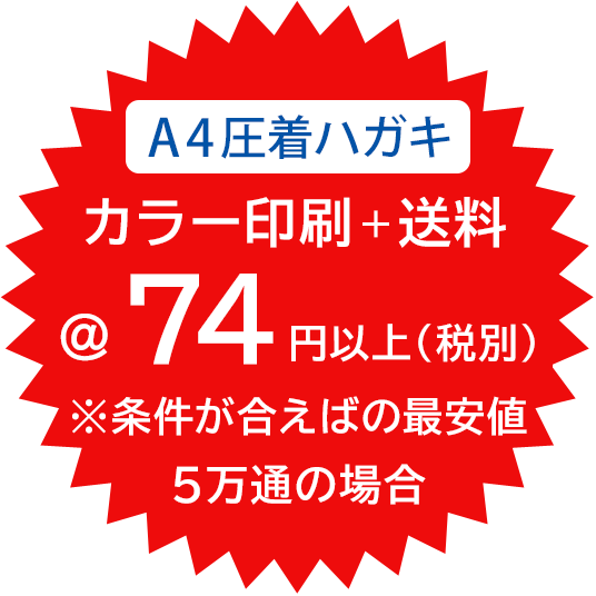 A4圧着ハガキ 1通74円以上（カラー印刷＋送料）5万通の場合
