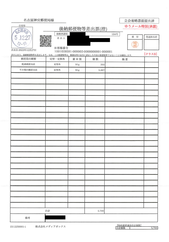 ＤＭ発送数証明書