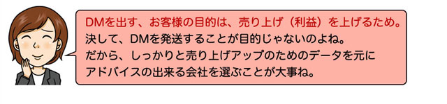 女性吹きだし　DMを出すお客様の目的は、売上をあげるため